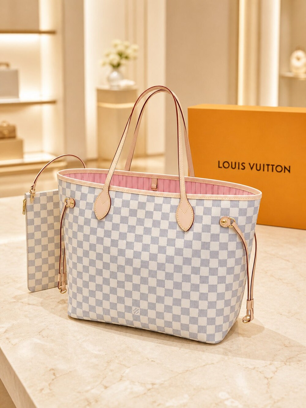 Louis Vuitton Pink Interior Neverfull Carryall in Damier Azur Canvas